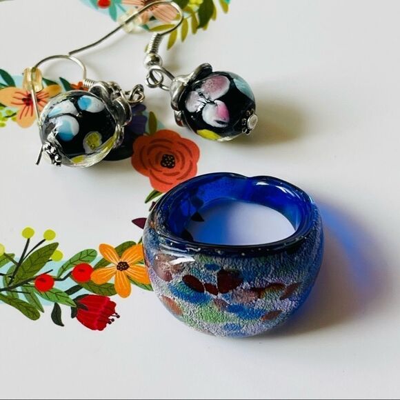 Murano Glass RING and Earrings - Picture 1 of 6